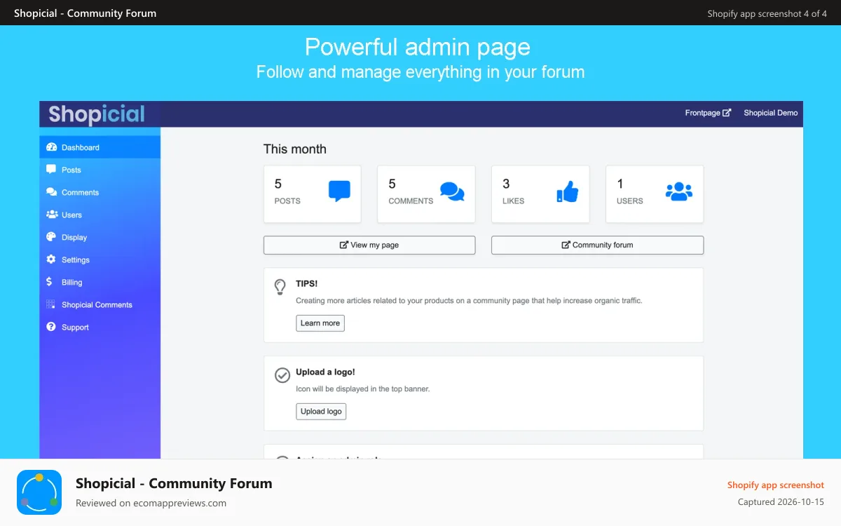 Shopicial ‑ Community Forum Shopify app screenshot: Powerful admin page