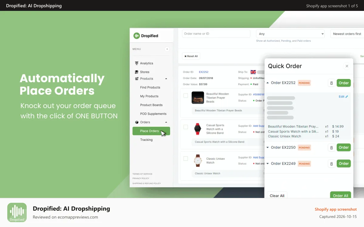 Dropified: AI Dropshipping Shopify app screenshot: Auto place AliExpress, Alibaba, eBay dropshipping orders