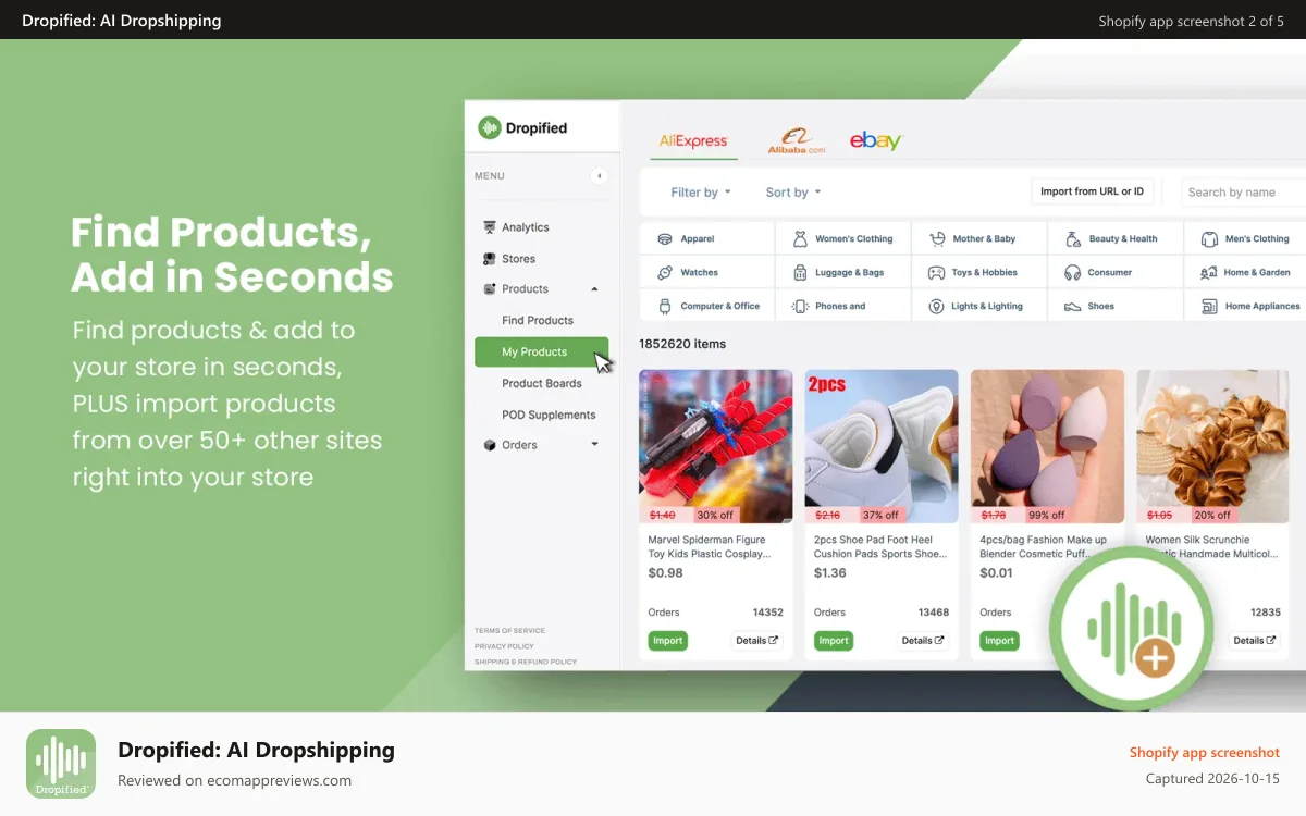 Dropified: AI Dropshipping Shopify app screenshot: Easily Find Dropshipping Products & add to your store in seconds