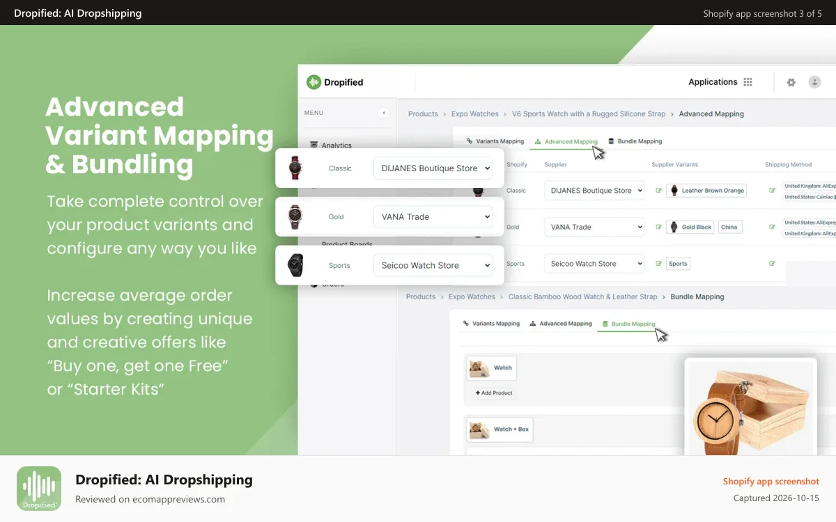 Dropified: AI Dropshipping Shopify app screenshot: Advanced Variant Mapping, Bundles, BOGO, multiple suppliers