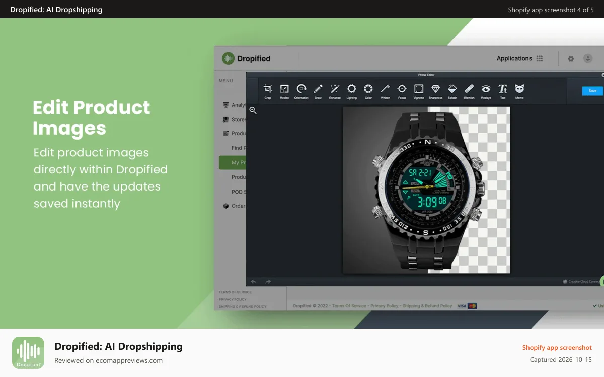 Dropified: AI Dropshipping Shopify app screenshot: Edit product images and remove backgrounds in product images