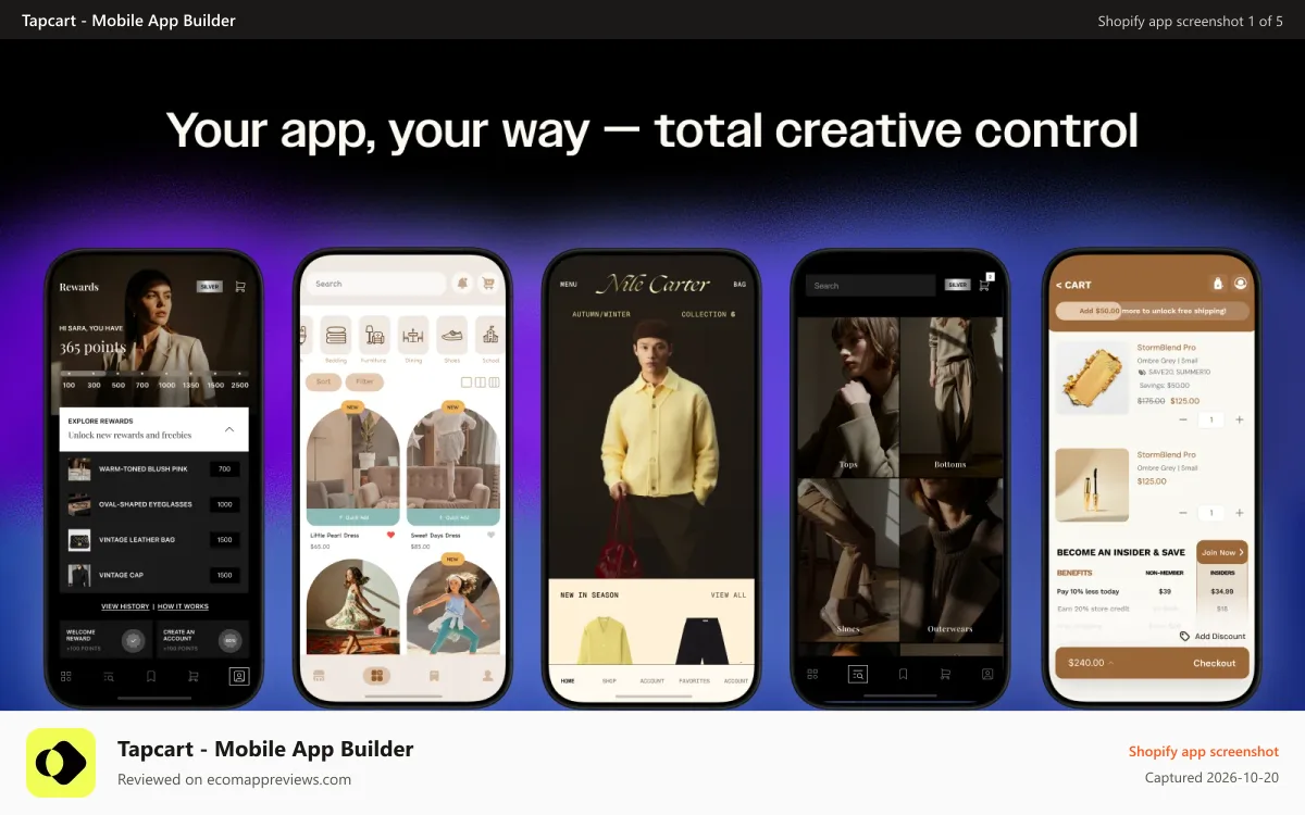 Tapcart ‑ Mobile App Builder Shopify app screenshot: Customize every screen to launch a high-converting branded app