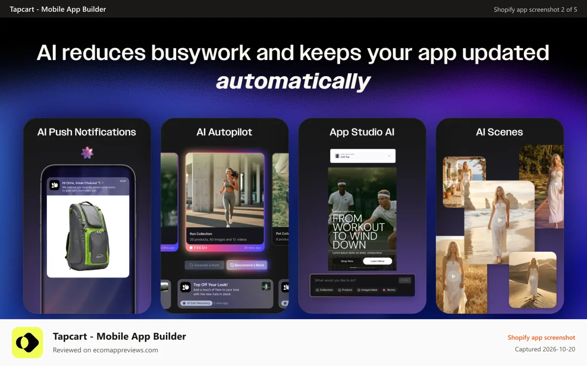 Tapcart ‑ Mobile App Builder Shopify app screenshot: AI tools that automatically update app content and experiences