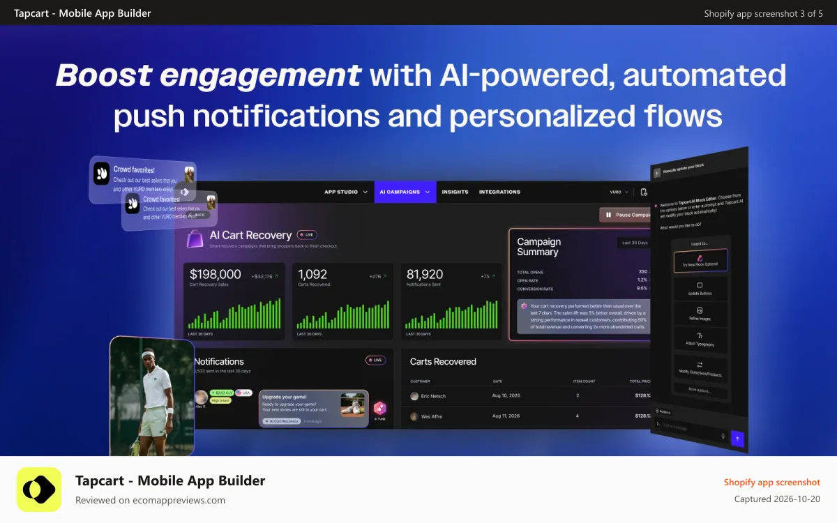 Tapcart ‑ Mobile App Builder Shopify app screenshot: Smarter push campaigns with AI, segmentation & personalization