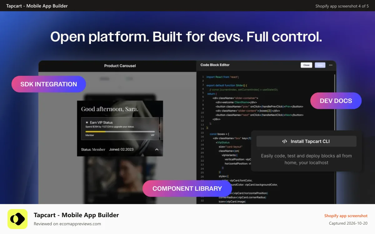 Tapcart ‑ Mobile App Builder Shopify app screenshot: Developer tools for building and extending your mobile app