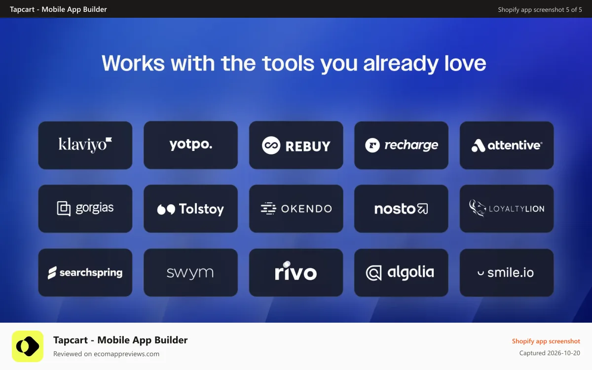 Tapcart ‑ Mobile App Builder Shopify app screenshot: Plug into your favorite powerful platforms to scale fast