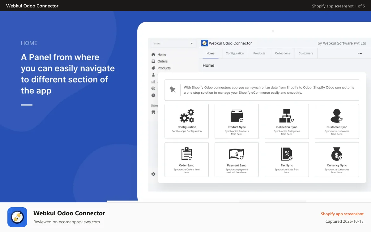 Webkul Odoo Connector Shopify app screenshot: home page