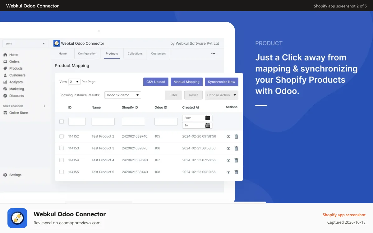 Webkul Odoo Connector Shopify app screenshot: odoo configuration