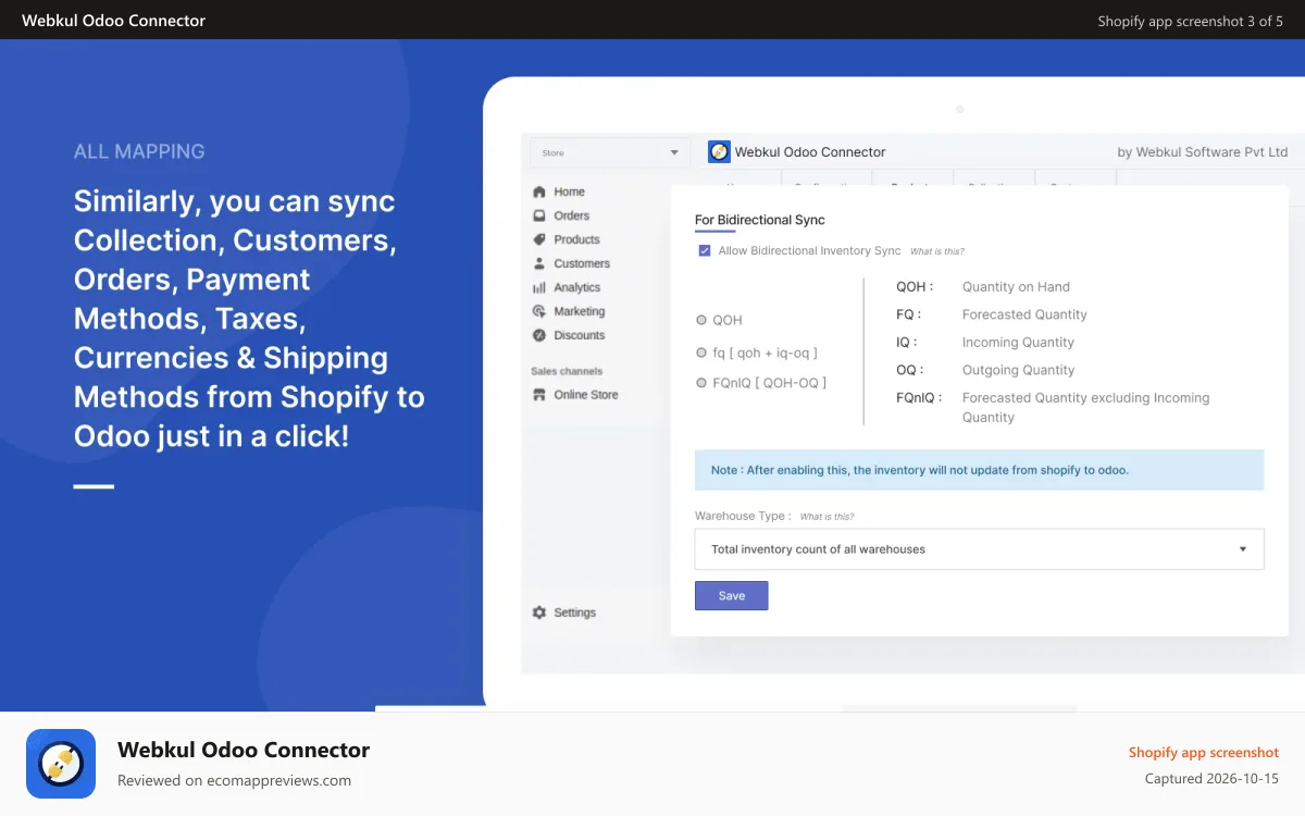 Webkul Odoo Connector Shopify app screenshot: product mapping