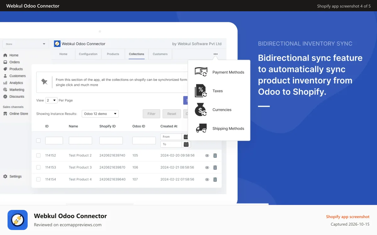 Webkul Odoo Connector Shopify app screenshot: shopify sync to odoo button, bidirectional sync