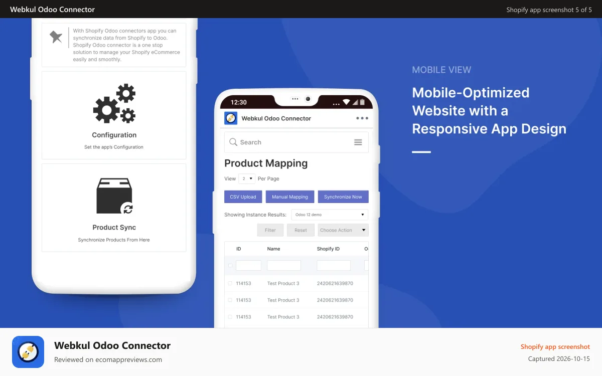 Webkul Odoo Connector Shopify app screenshot: Mobile View