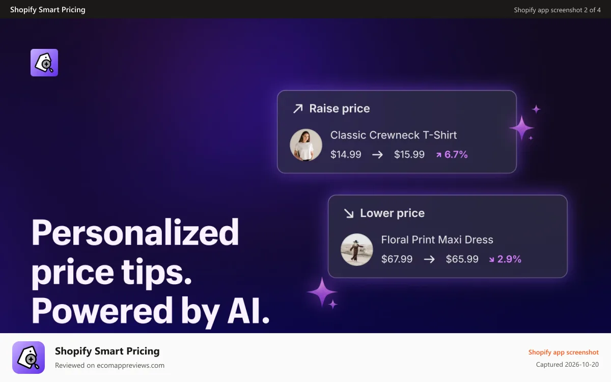 Shopify Smart Pricing Shopify app screenshot: Personalized price tips. Powered by AI.