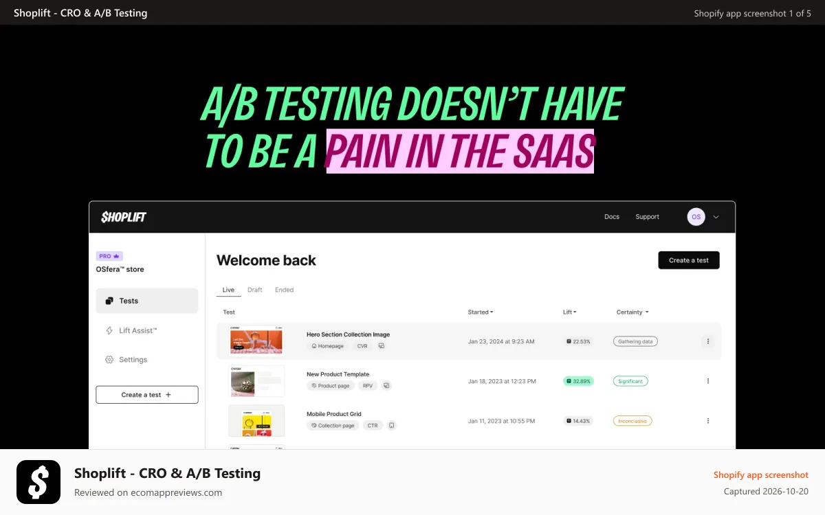 Shoplift ‑ CRO & A/B Testing Shopify app screenshot: A/B testing doesn't have to be a pain in the SaaS