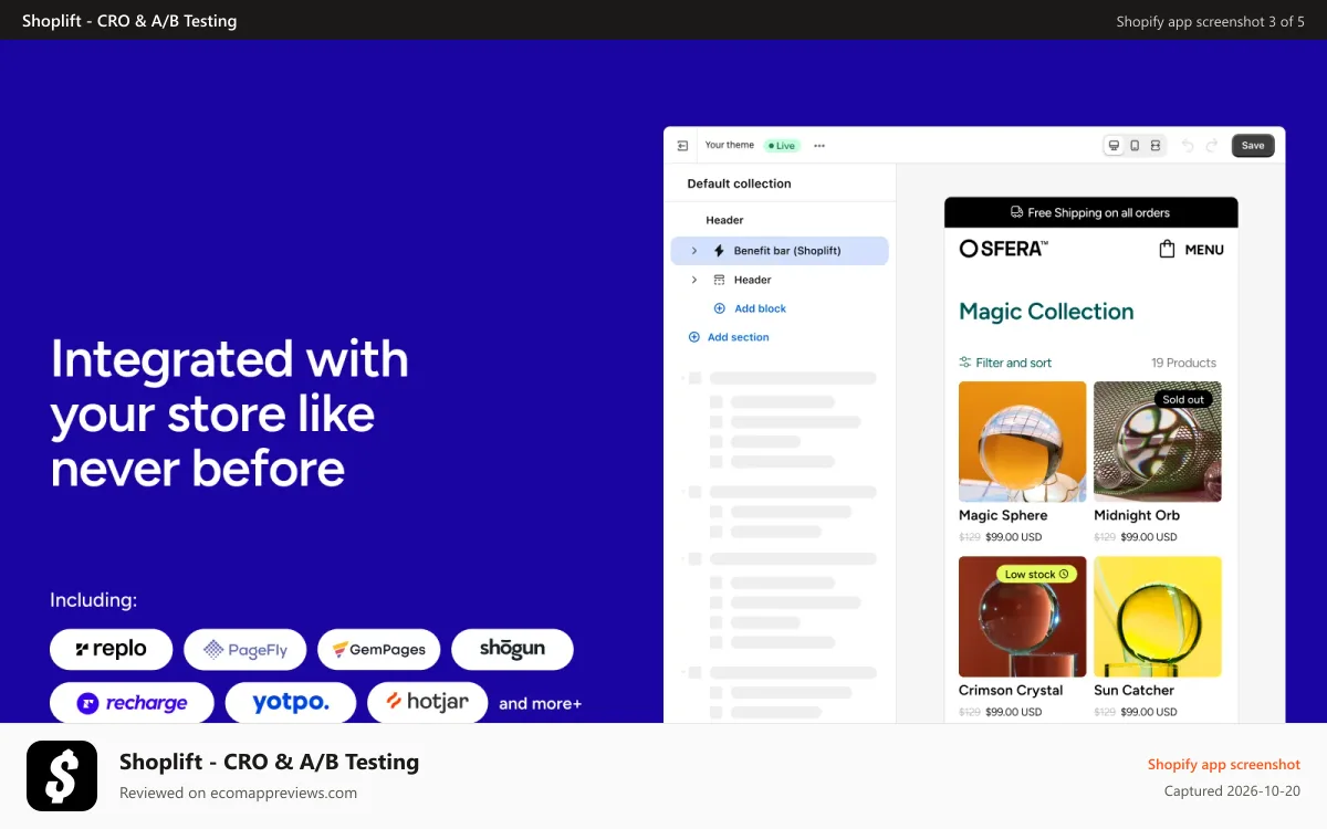 Shoplift ‑ CRO & A/B Testing Shopify app screenshot: Integrated with your store like never before.