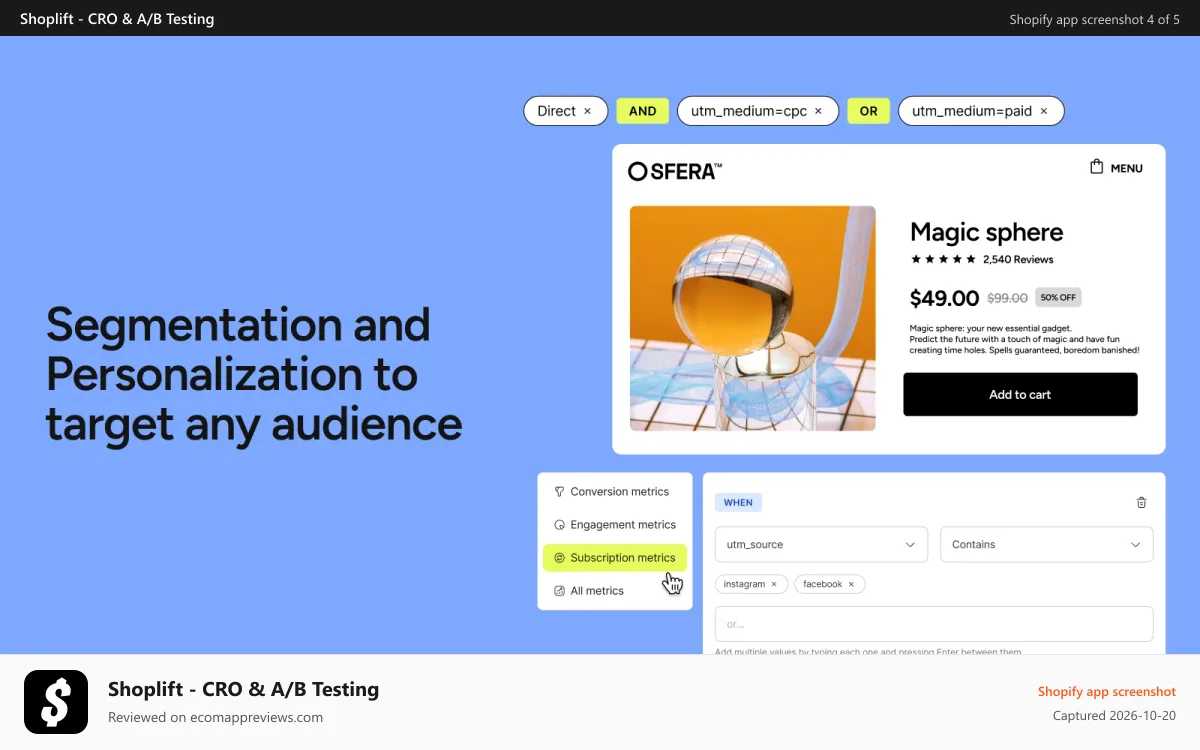 Shoplift ‑ CRO & A/B Testing Shopify app screenshot: Segmentation and Personalization to target any audience