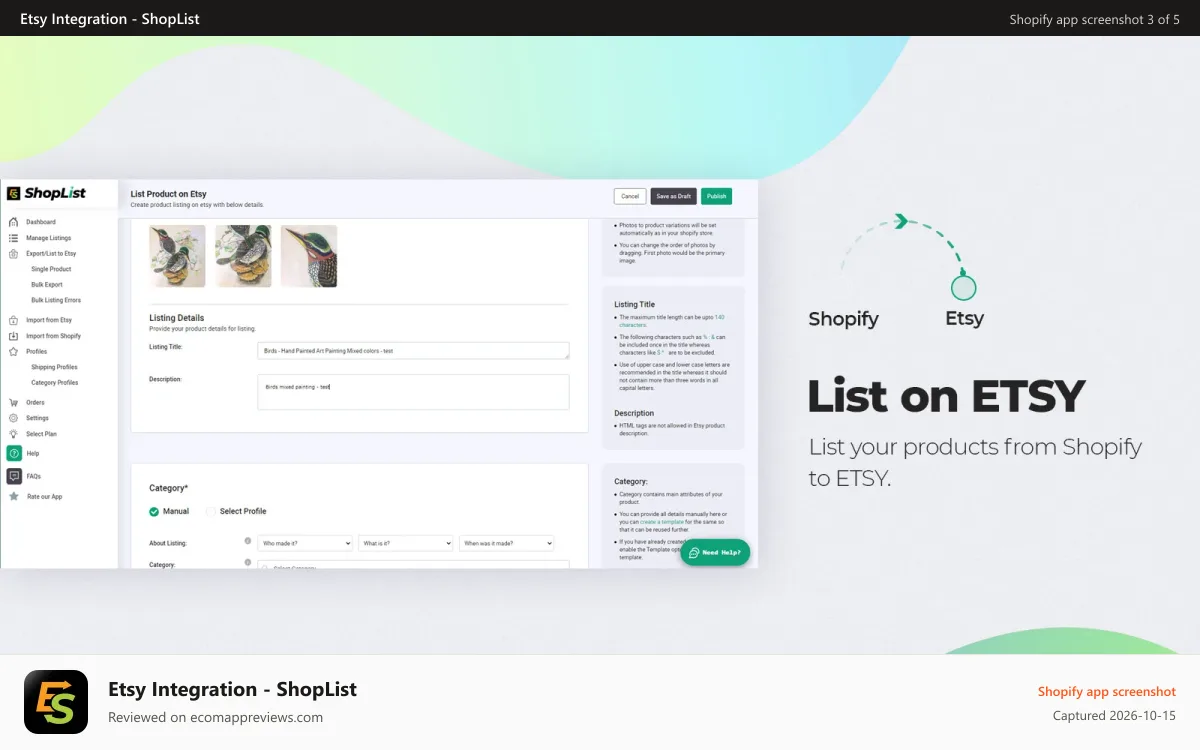 Etsy Integration ‑ ShopList Shopify app screenshot: List products from Shopify to ETSY - Etsy upload