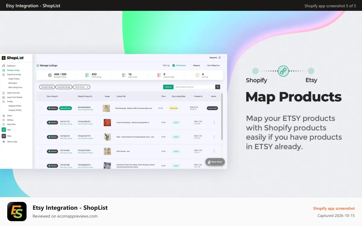 Etsy Integration ‑ ShopList Shopify app screenshot: Map Etsy products with Shopify products - - Etsy Integration
