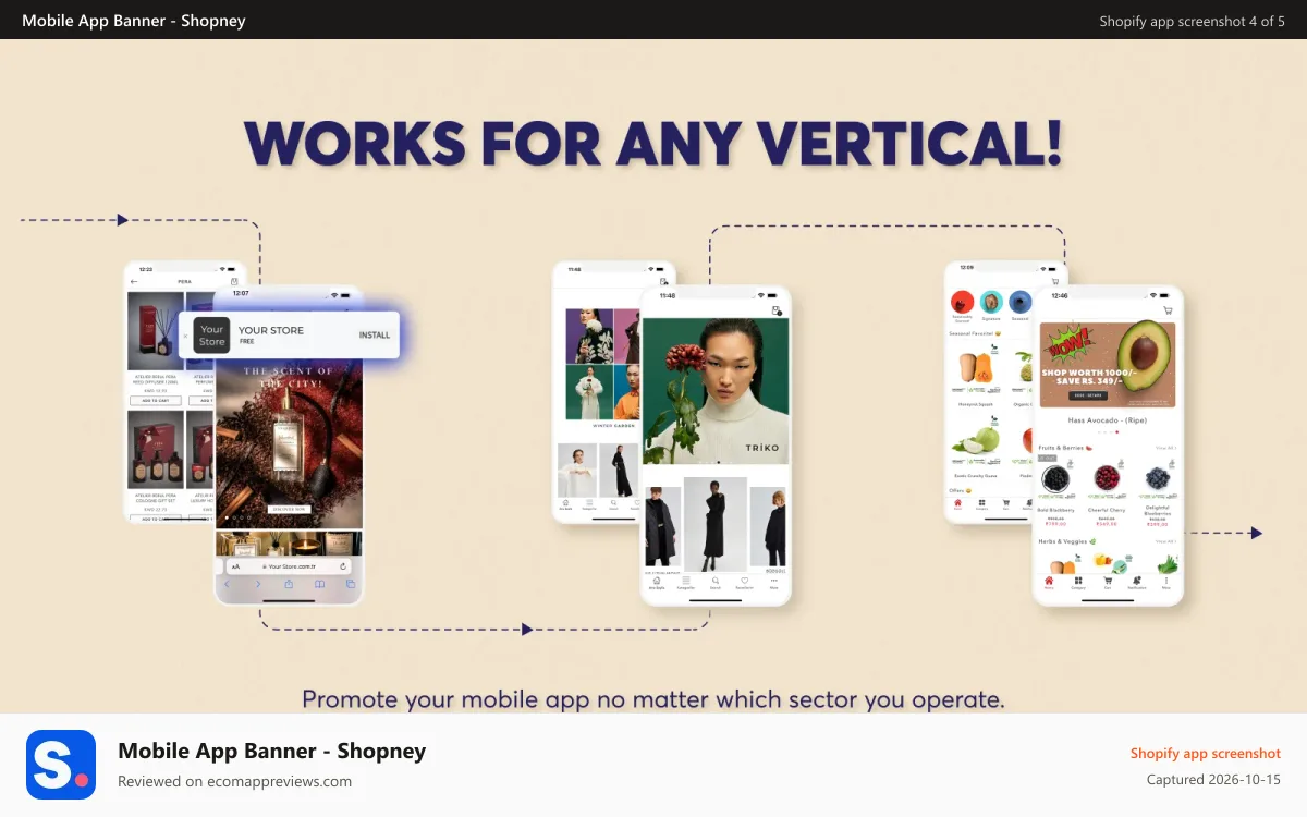 Mobile App Banner ‑ Shopney Shopify app screenshot: Works for mobile apps in any vertical and sector