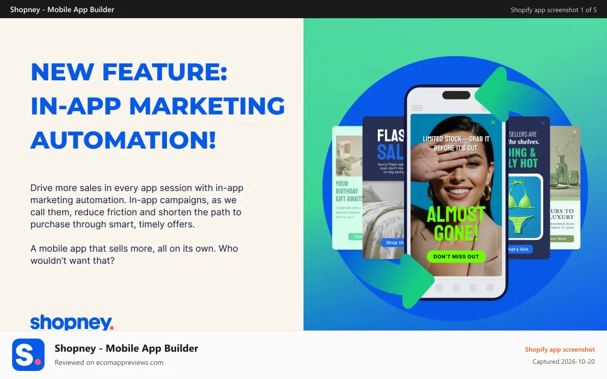 Shopney ‑ Mobile App Builder Shopify app screenshot: The only mobile app builder with in-app marketing automation.