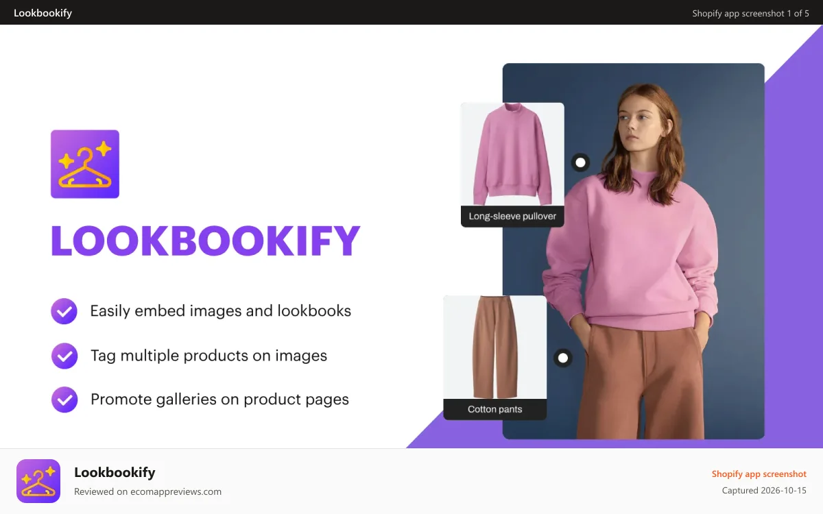 Lookbookify Shopify app screenshot: Featured image describe app as an editor for making galleries