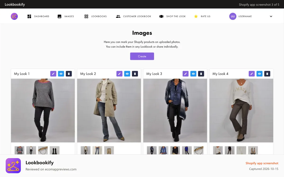Lookbookify Shopify app screenshot: Admin panel with images