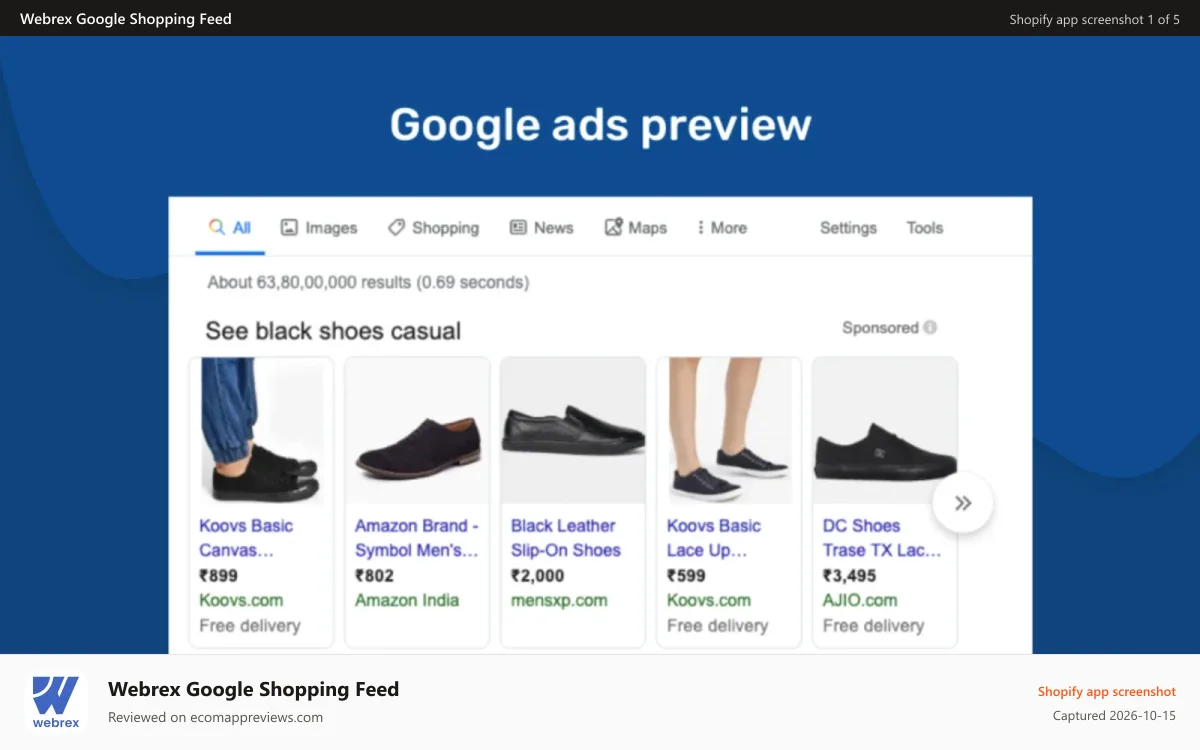 Webrex Google Shopping Feed Shopify app screenshot: Advertise your product on google using google feed