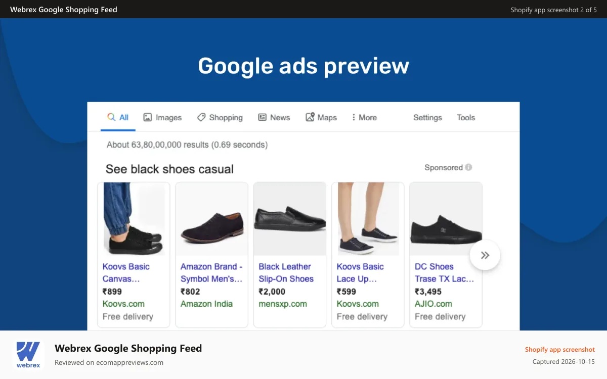 Webrex Google Shopping Feed Shopify app screenshot: Product Status for Google Shopping feed