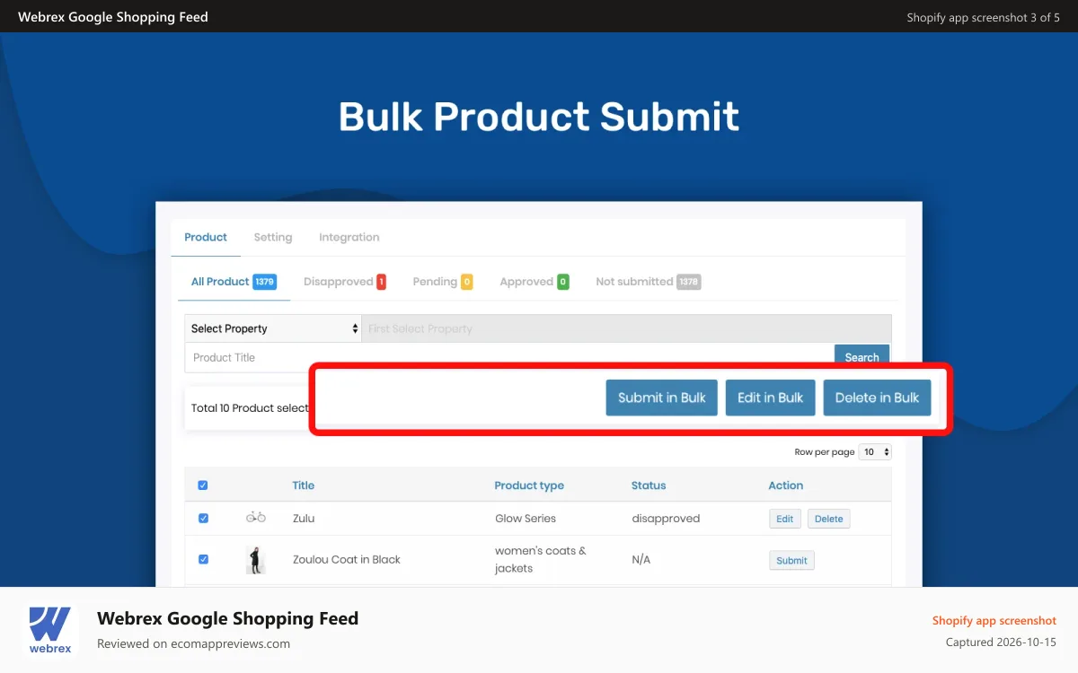 Webrex Google Shopping Feed Shopify app screenshot: Bulk Submit