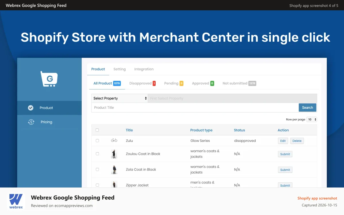 Webrex Google Shopping Feed Shopify app screenshot: Instant Search with more Filter Option