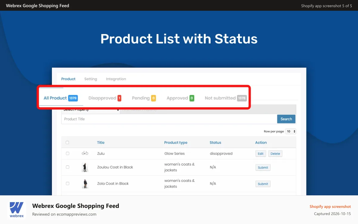 Webrex Google Shopping Feed Shopify app screenshot: Super Easy to solve Merchant Account issue