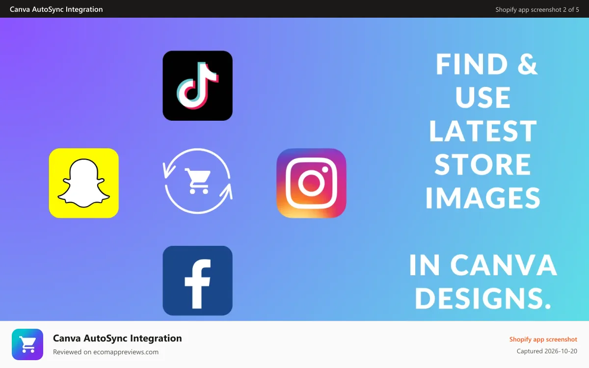 Canva AutoSync Integration Shopify app screenshot: Find & Use latest store images in Canva Designs.