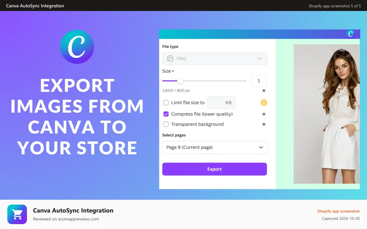 Canva AutoSync Integration Shopify app screenshot: Export Images from Canva to Shopify