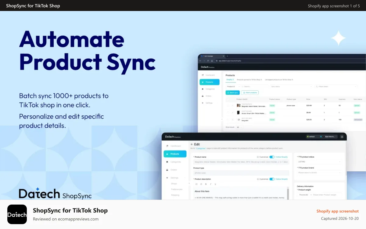 ShopSync for TikTok Shop Shopify app screenshot: Automate Product Sync
