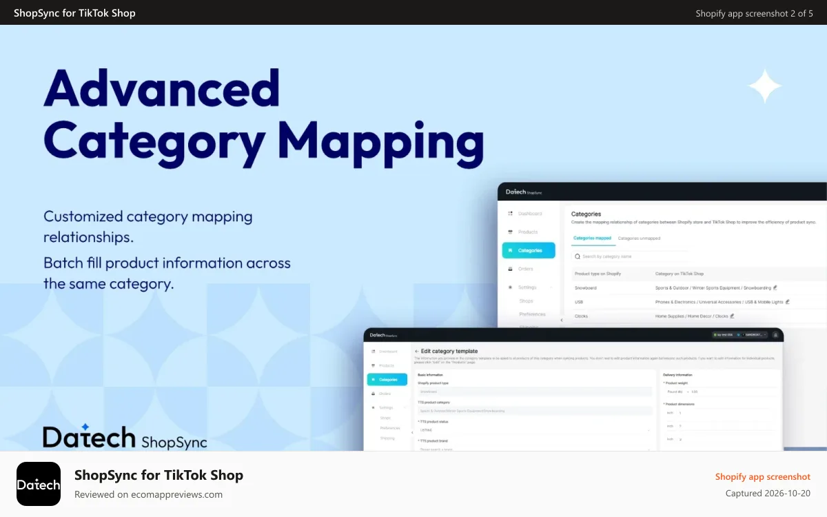 ShopSync for TikTok Shop Shopify app screenshot: Advanced Category Mapping
