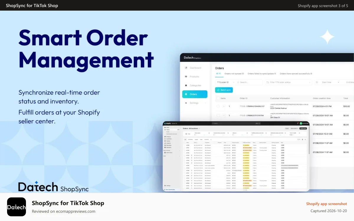 ShopSync for TikTok Shop Shopify app screenshot: Smart Order Management