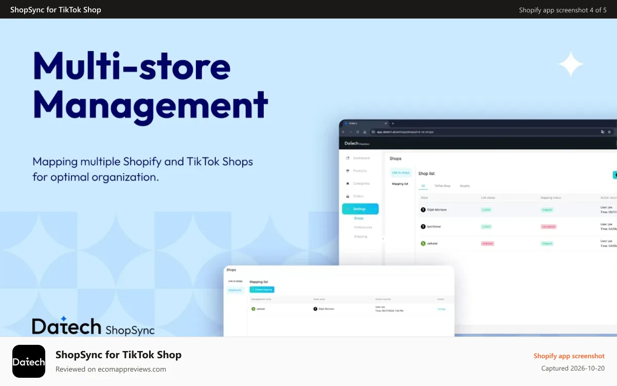ShopSync for TikTok Shop Shopify app screenshot: Multi-store Management