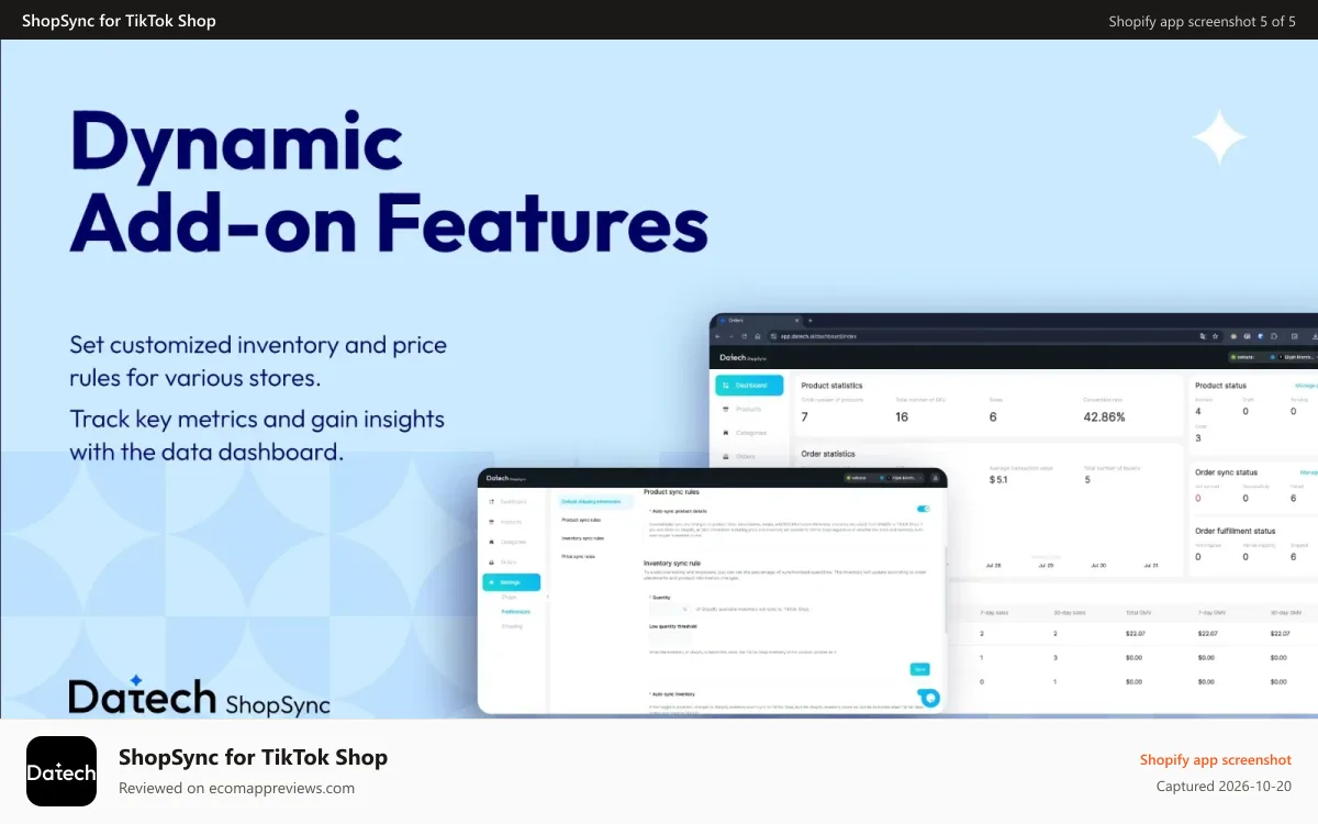 ShopSync for TikTok Shop Shopify app screenshot: Dynamic Add-on Features