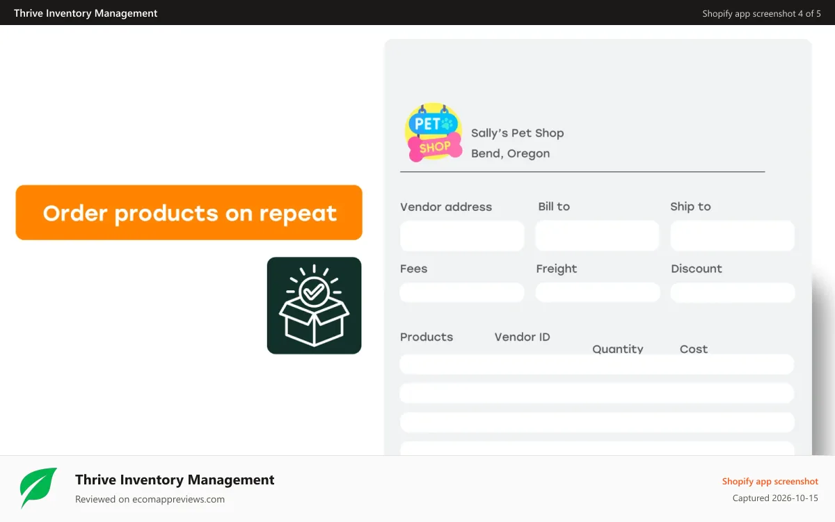 Thrive Inventory Management Shopify app screenshot: Image showing Thrive restocking through purchase order tools