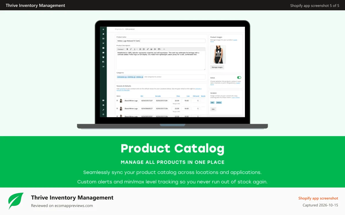 Thrive Inventory Management Shopify app screenshot: Product management system. All online