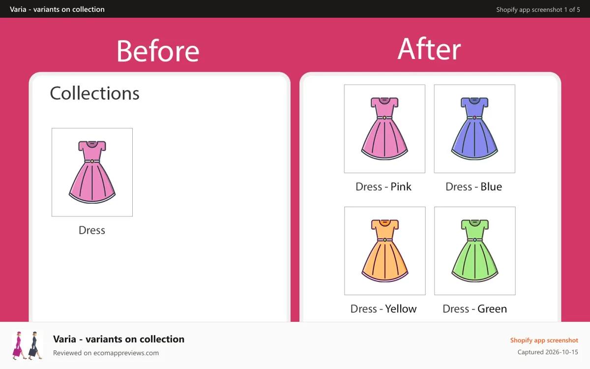 Varia ‑ variants on collection Shopify app screenshot: Variants on collection page, product variant split, collections