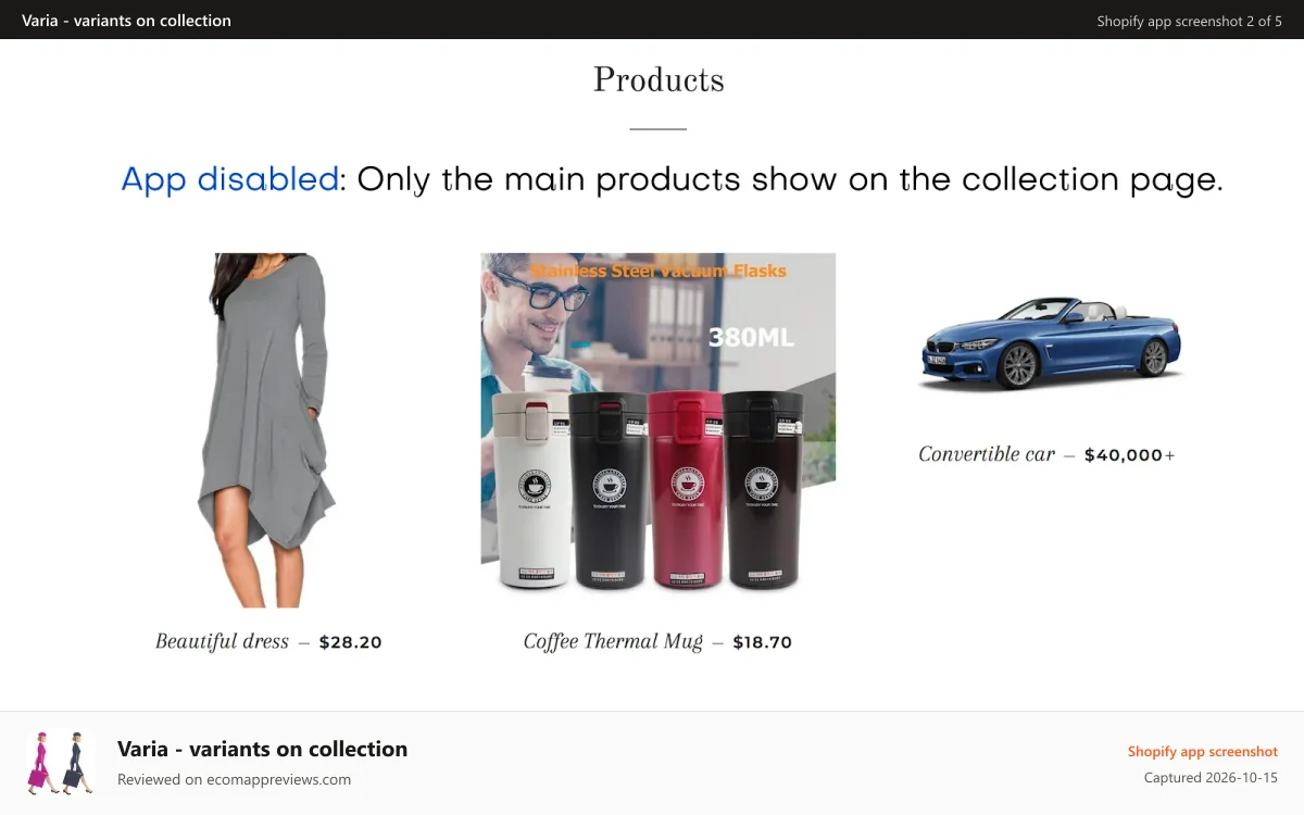 Varia ‑ variants on collection Shopify app screenshot: App disabled: Only the main products show on collection page