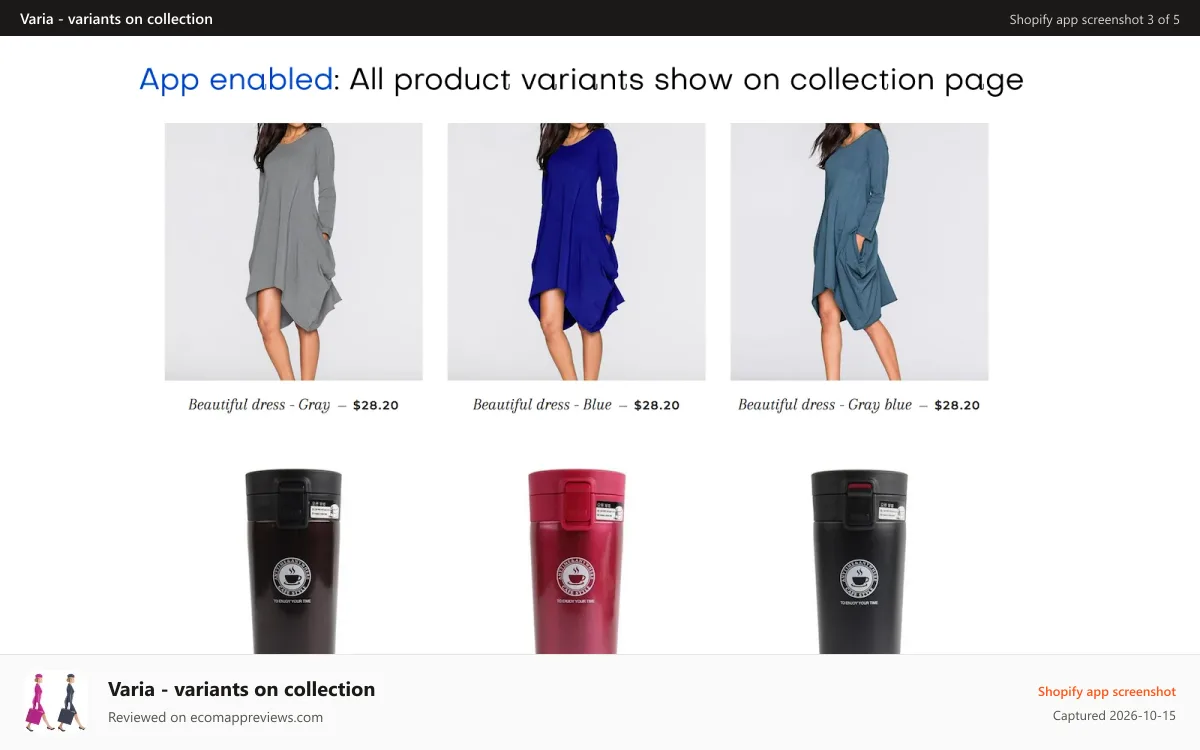 Varia ‑ variants on collection Shopify app screenshot: App enabled: Variants on collection pages