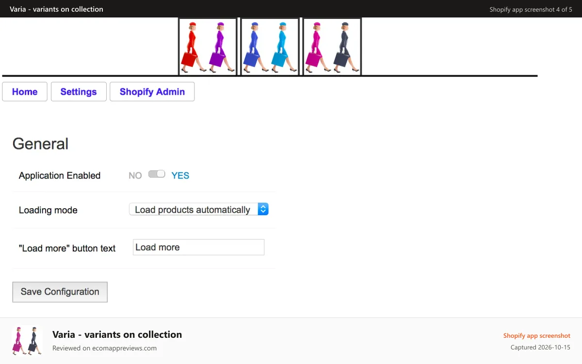 Varia ‑ variants on collection Shopify app screenshot: Admin view