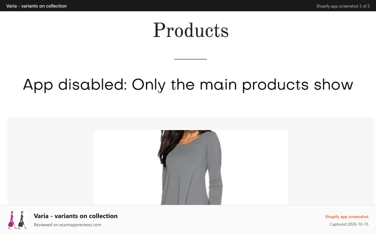 Varia ‑ variants on collection Shopify app screenshot: App disabled: Only the main products show on collection page