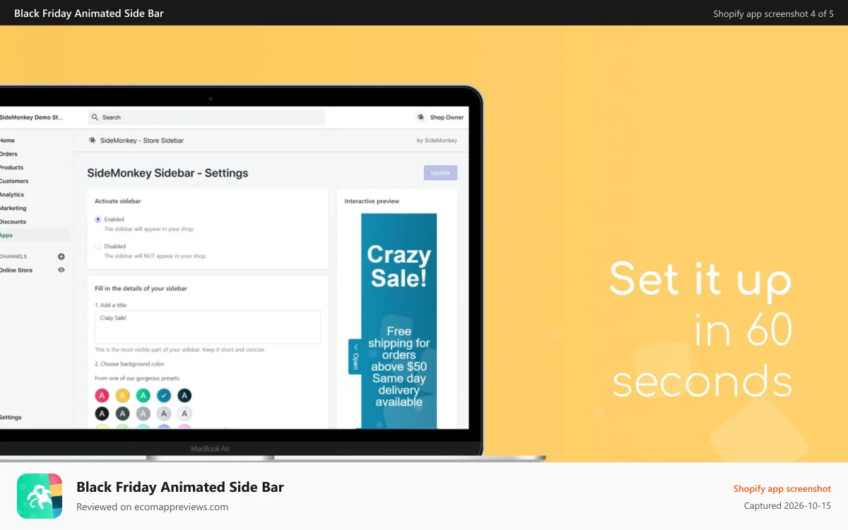 Black Friday Animated Side Bar Shopify app screenshot: SideMonkey Sidebar banner - Settings page