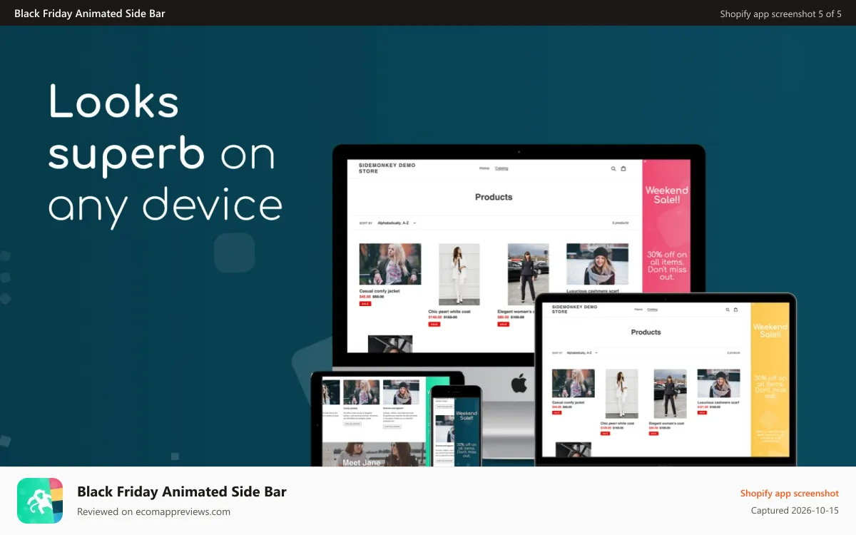Black Friday Animated Side Bar Shopify app screenshot: SideMonkey Sidebar banner - Supports all devices