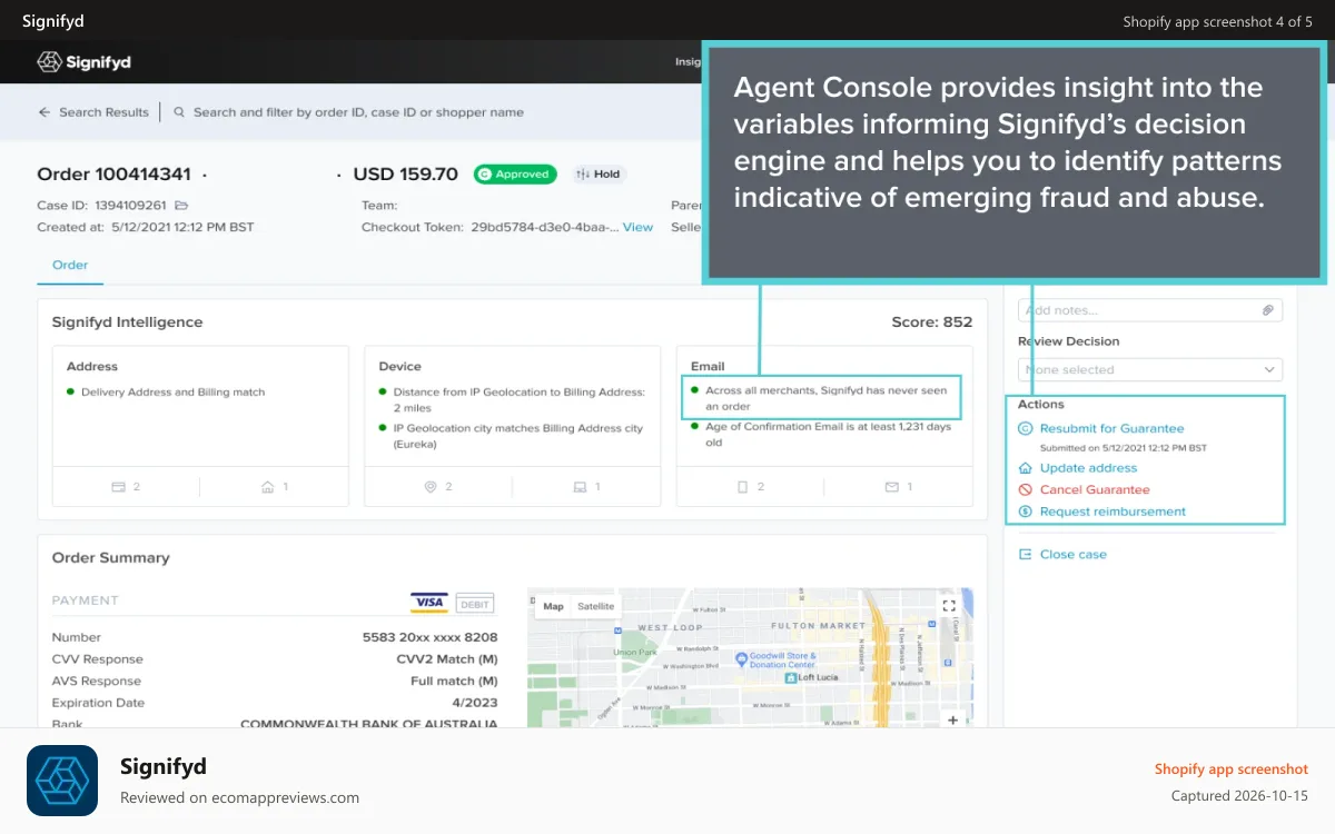 Signifyd Shopify app screenshot: Agent Console provides insight into decision engine variables
