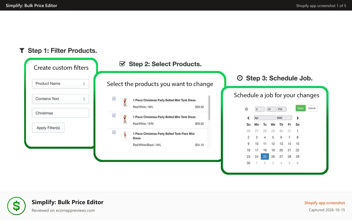 Simplify: Bulk Price Editor Shopify app screenshot: Simplify Bulk Price Editor - 3 Simple Steps