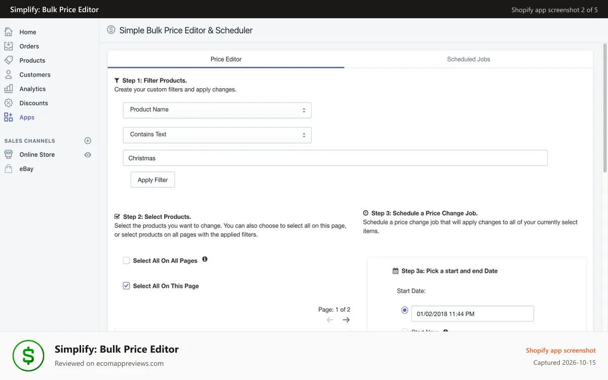 Simplify: Bulk Price Editor Shopify app screenshot: Filter Products