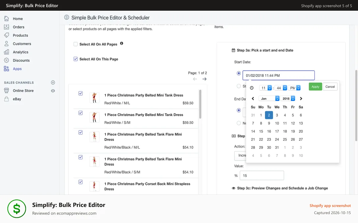 Simplify: Bulk Price Editor Shopify app screenshot: Select Start Date